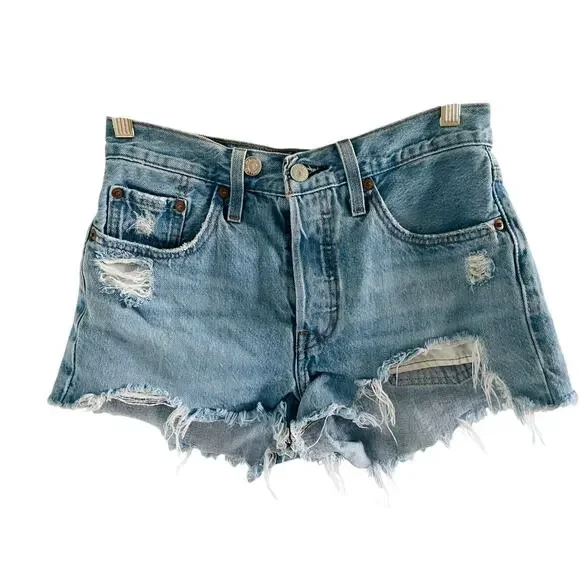 Levi’s 501 Distressed Denim Shorts High Rise Light Wash Cutoff 25 - Picture 2 of 10